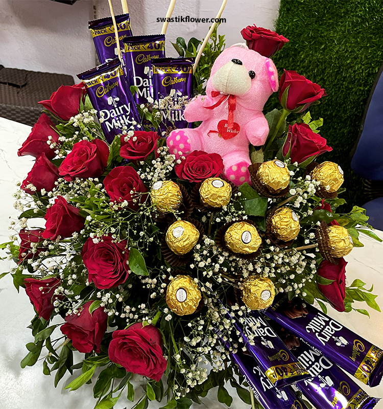 Chocolate & Flowers Mix Arrangement In Basket