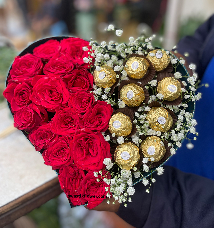 Ferrero & Red Roses Heart Bouquet For Love