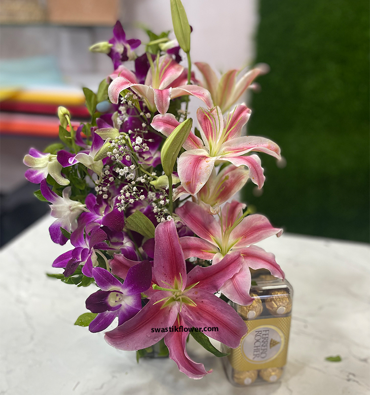 Gorgeous Purple Orchids & Pink Lilly’s With Ferrero Chocolate
