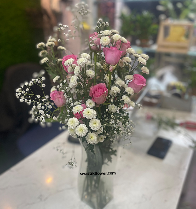 Pink Roses In Glass Vase