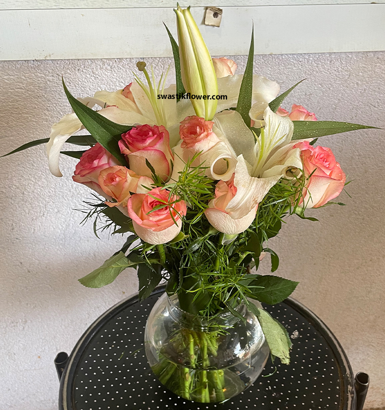 White Lilly’s Pink Rose In Fish Bowl