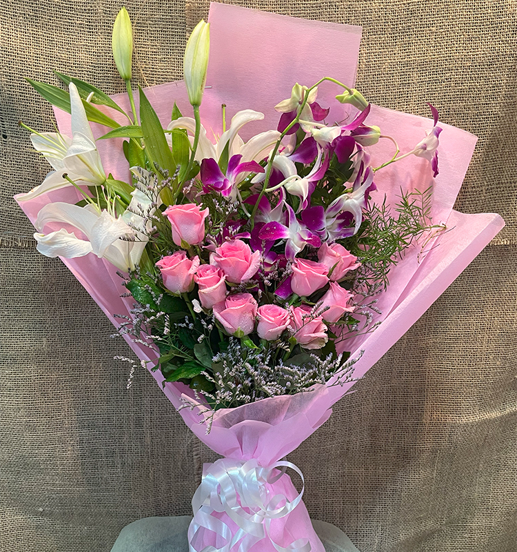 White Lilly Orchids & Pink Roses Bouquet