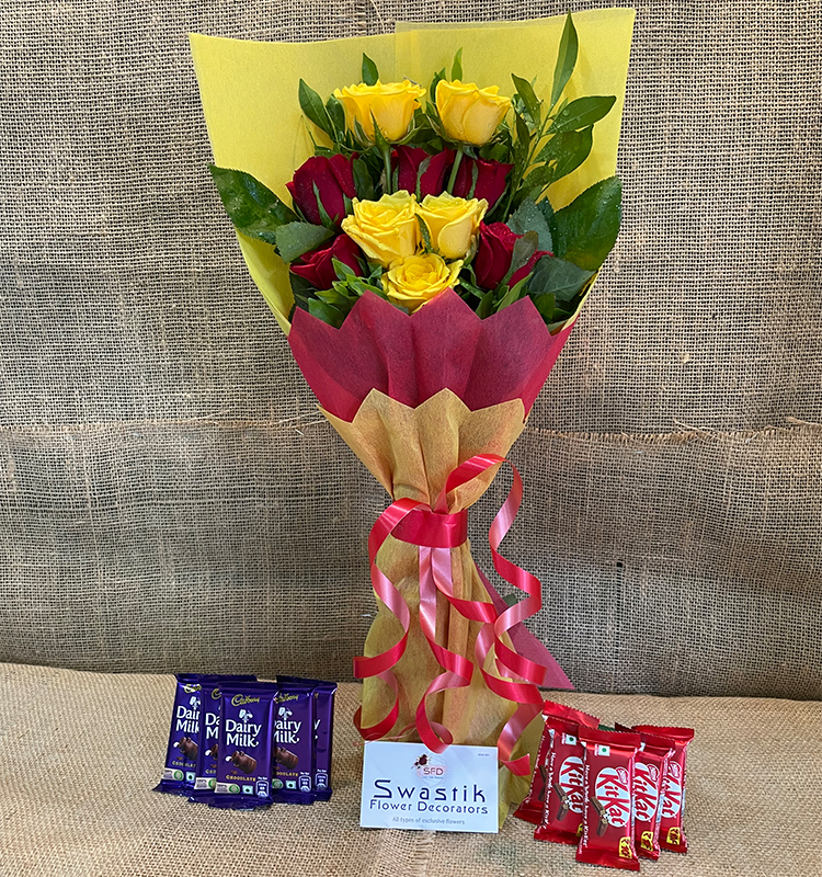Red & Yellow Roses Bouquet with Dairy Milk N KitKat