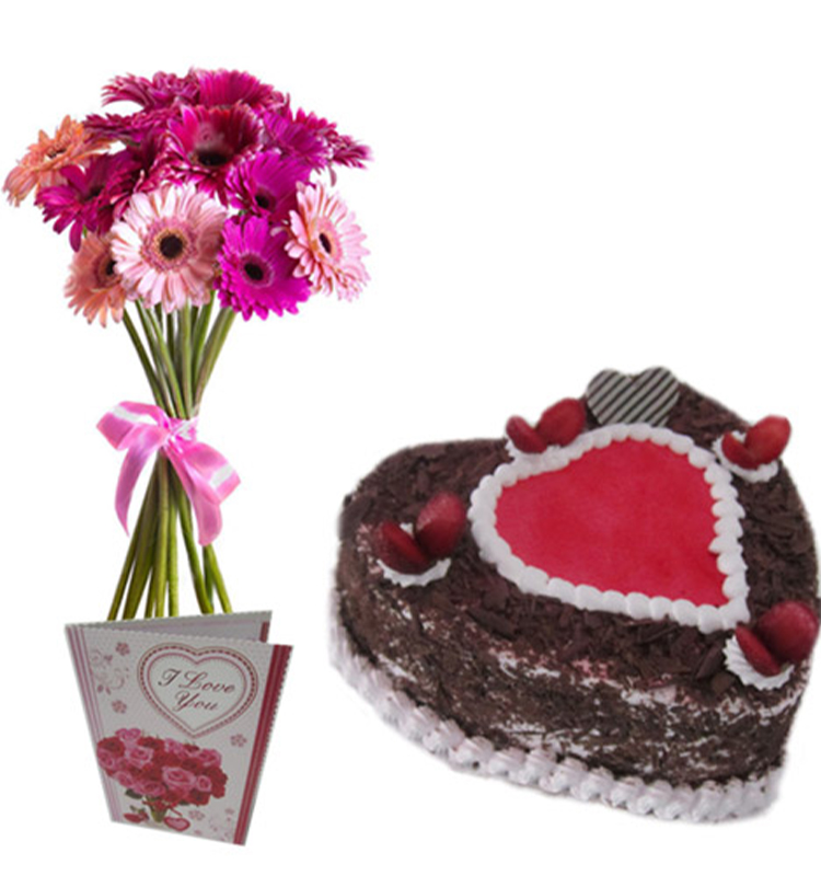 10 Simple Mix Zerbera Bouquet with Heart Shape Black Forest Cake