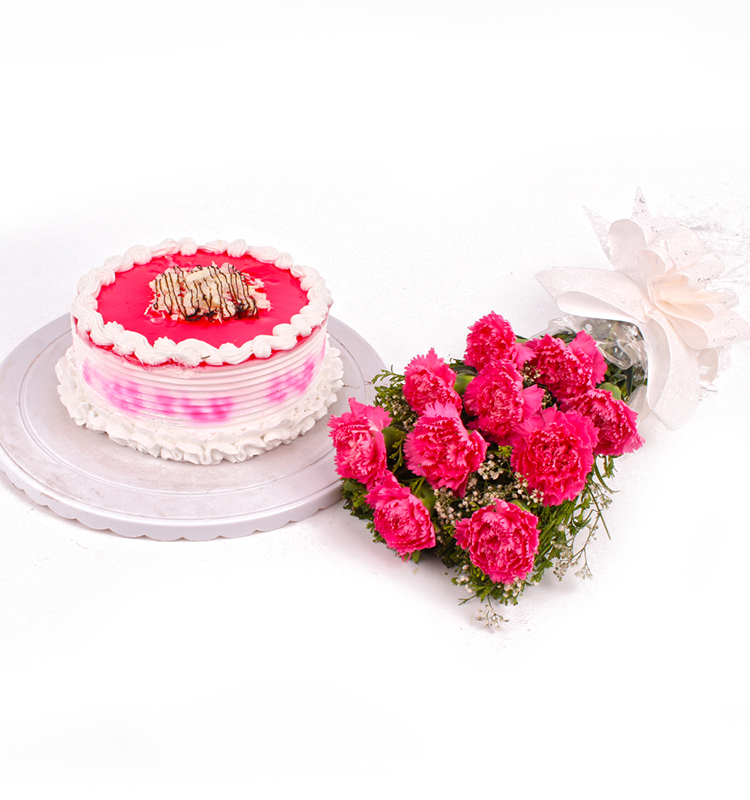 10 Elegant Pink Carnation Bouquet with Red Velvet Cake