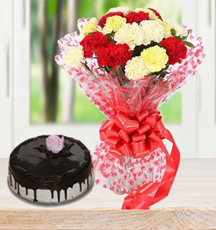 16 Colourful Carnation with Chocolate Cake