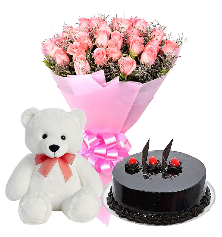 20 Pink Roses White Teddy & Truffle Half KG Cake