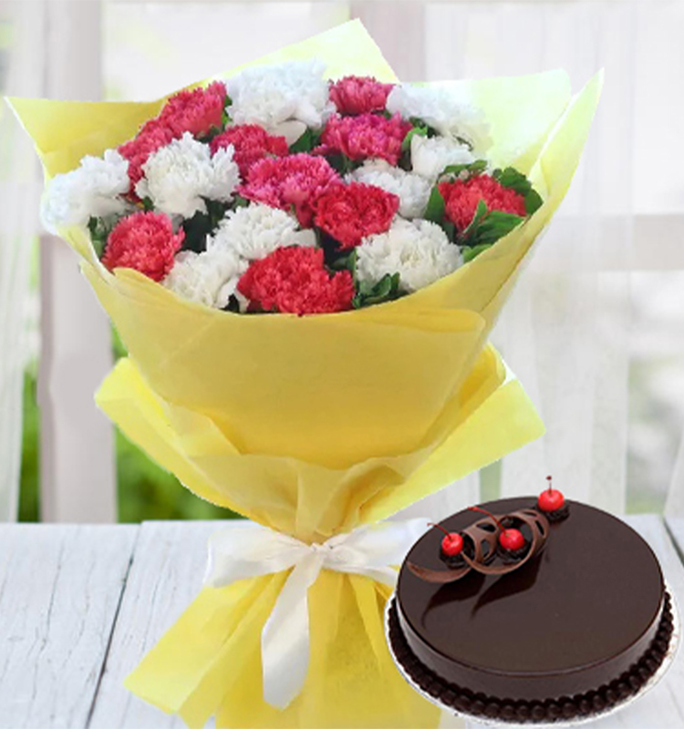 20 Pink & White Peace Carnation with Truffle Cake