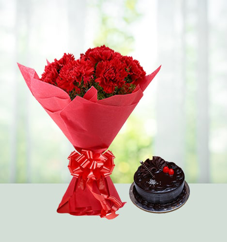 8 Red Carnation with Chocolate Cake