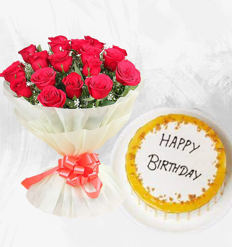 Bouquet of 15 Red Roses with Butterscotch Cake