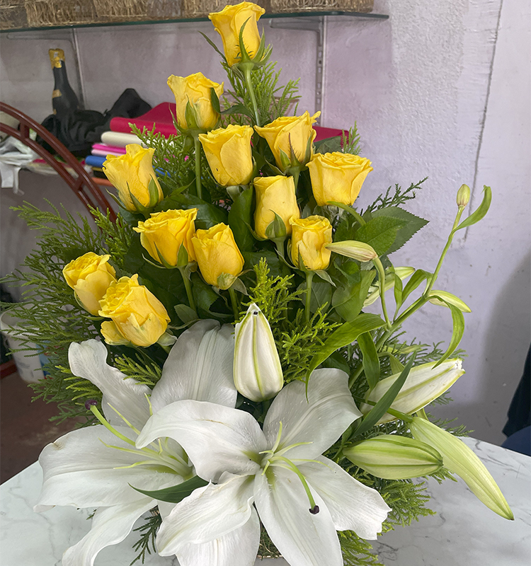 Yellow Roses & White Lilly in Basket Bouquet