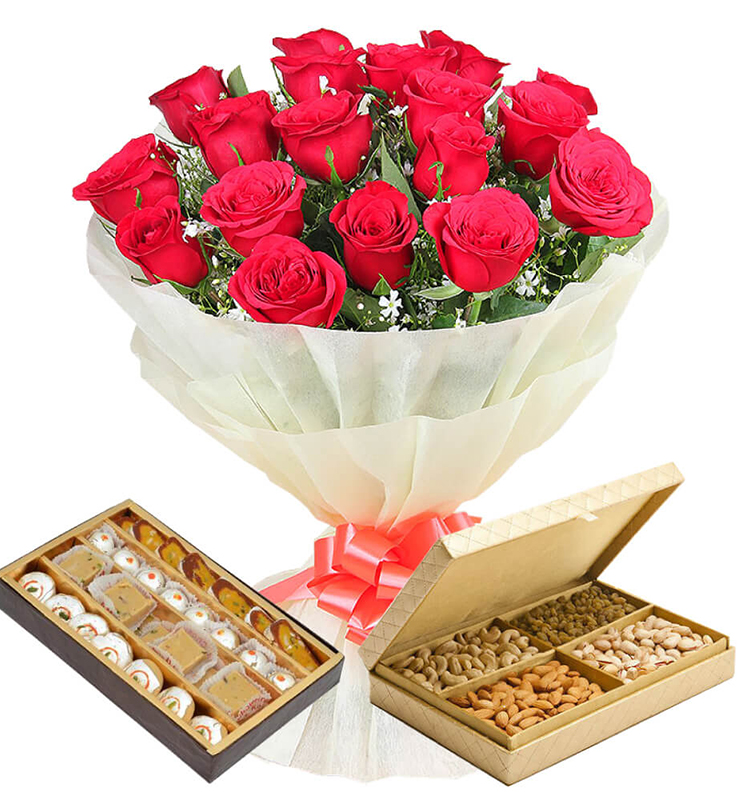 Red Roses, Sweets, & Dry Fruits Delight Combo