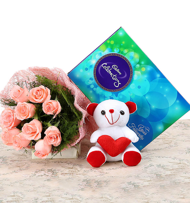 Pink Roses with Celebration & Teddy