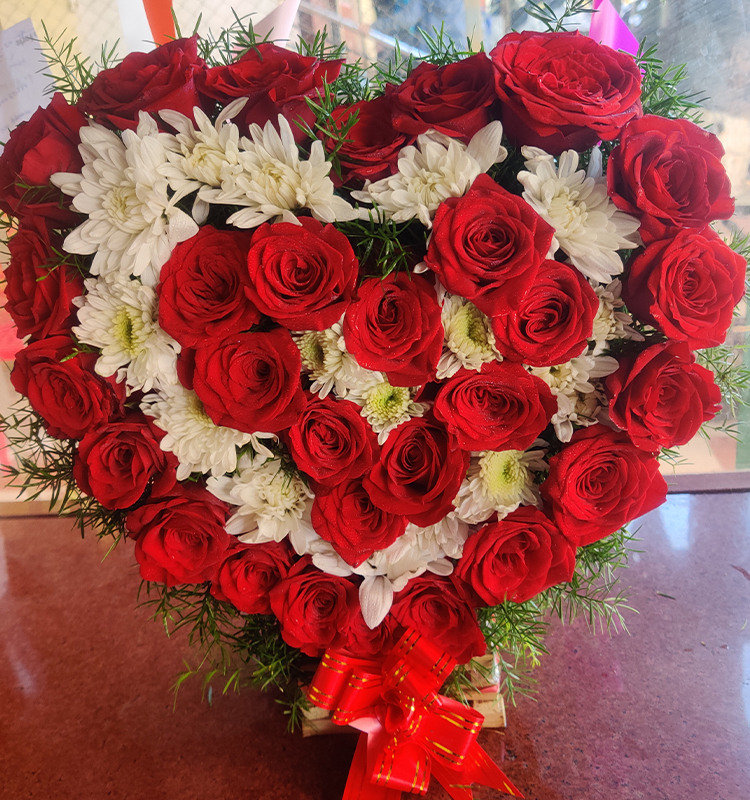 Red Roses & White Chrysanthemum in Heart Shape