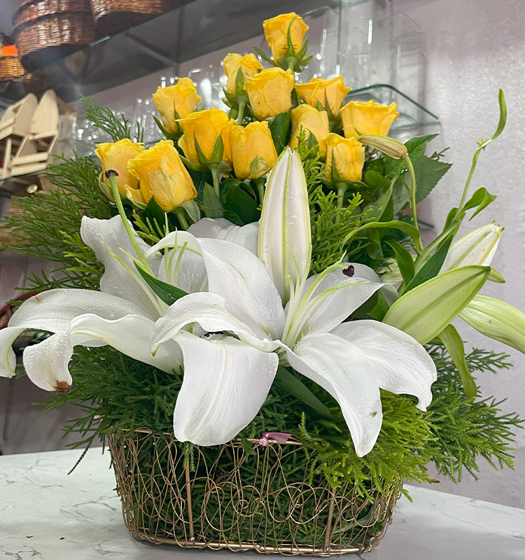 Yellow Roses & White Lilly in Basket Bouquet